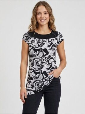 Y2K Black & White Swirl Print Cap Sleeve Top Shirt Size 10 Medium Large